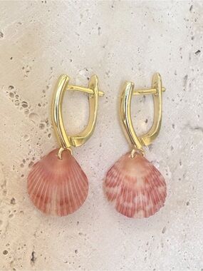 Gold Hoop Earrings with Pink Shell Dangles